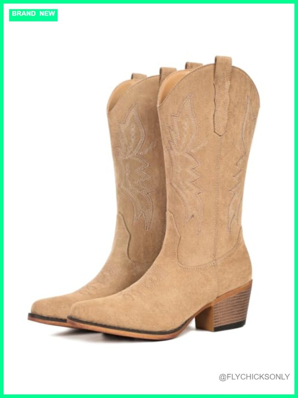 Suede Cowboy Boots Women Mid Calf Western Embroidered Pull On